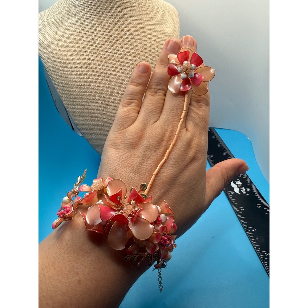 Peach Pink Enamel Floral Bracelet Ring Hand Chain Gold Tone Boho Jewelry
